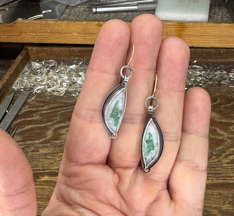 Emerald in Matrix Earrings with 18k Gold - sterling silver