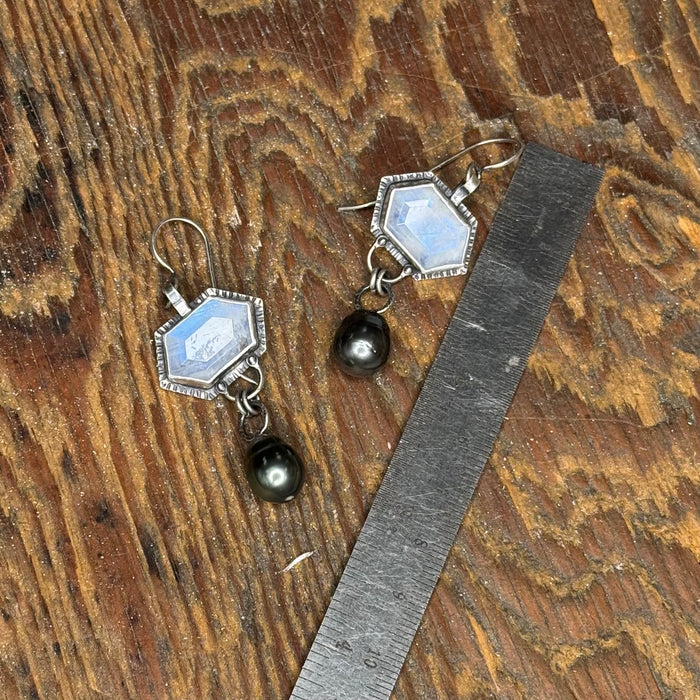 Moonstone & Tahitian Pearl Drop Earrings