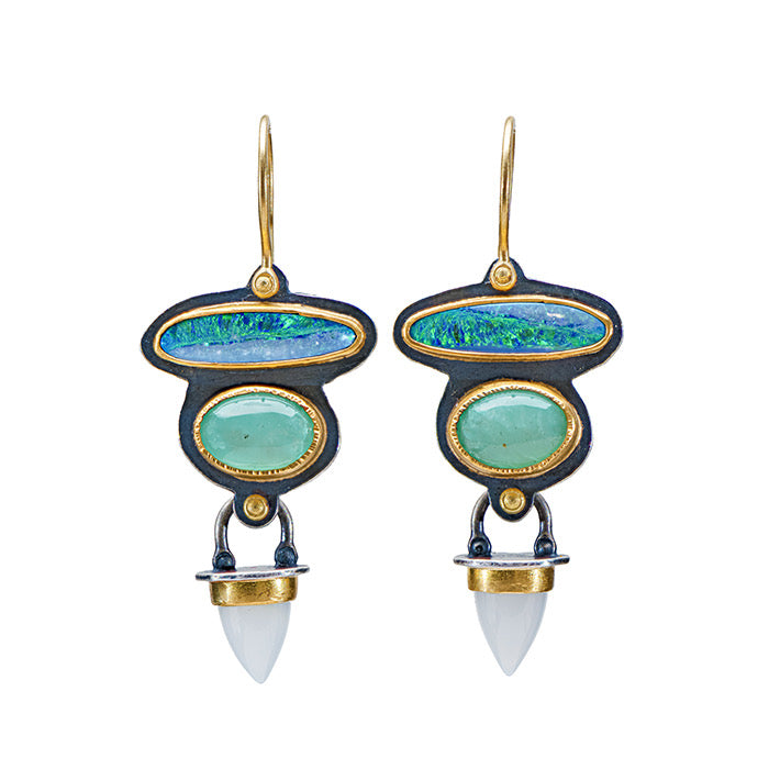 Opal, Peruvian, opal and blue opal earrings- sterling silver+22k gold+18k gold