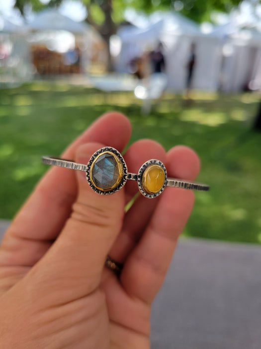 Yellow Opal and Labradorite Mixed Metal Cuff Bracelet
