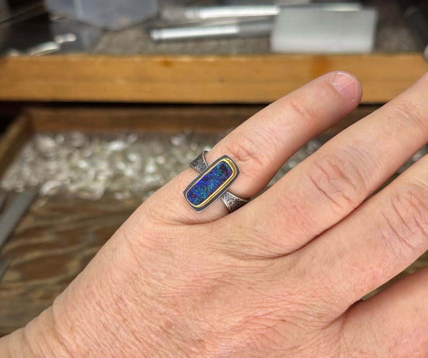 Boulder Opal Ring - Sterling + 22k Gold - Size 6.5