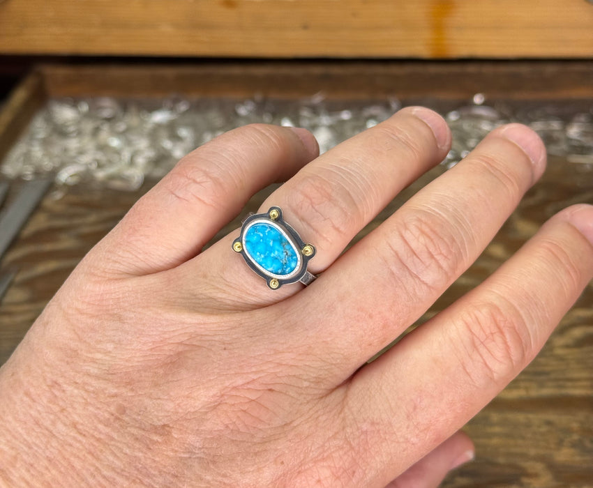 Kingman Turquoise Ring with Gold Dot Accents - Sterling + 18k Gold - Size 7.5