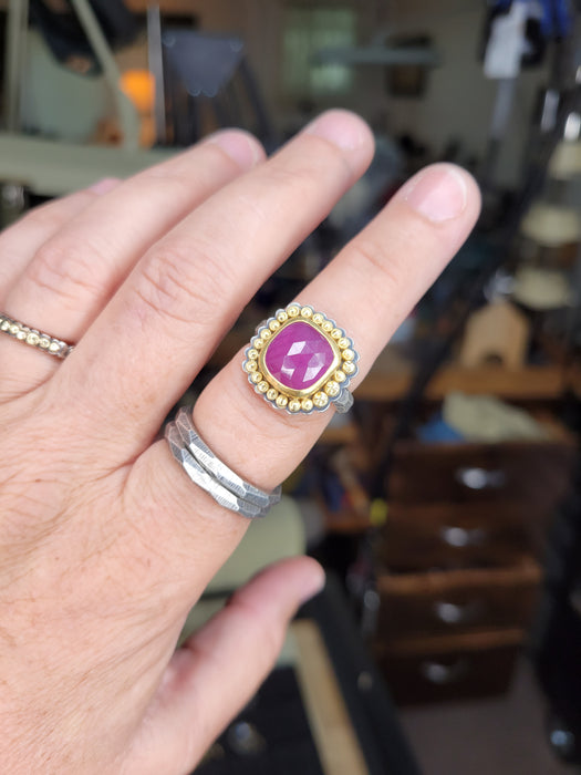 Rose cut ruby ring in sterling and gold