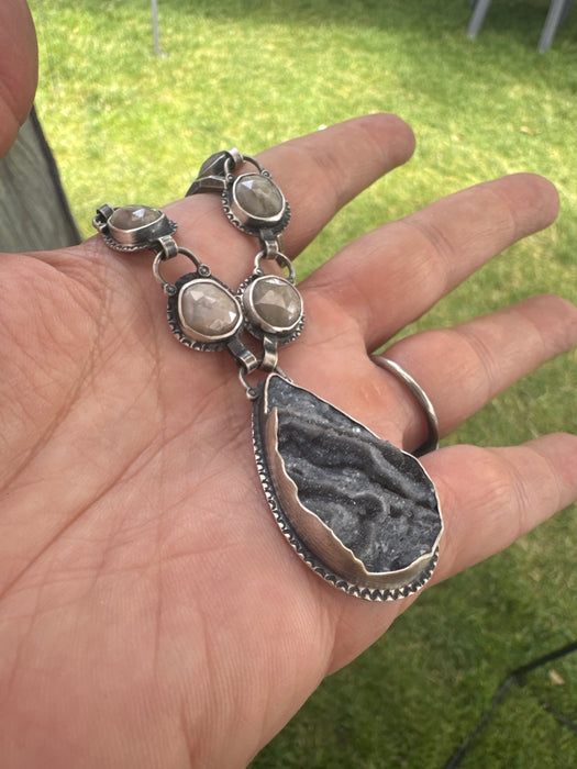 Rustic Druzy & Silver Sapphire Statement Necklace