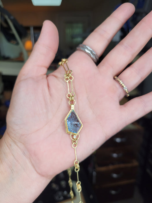 Faceted freeform aquamarine and diamond necklace with handcrafted 18k gold chain