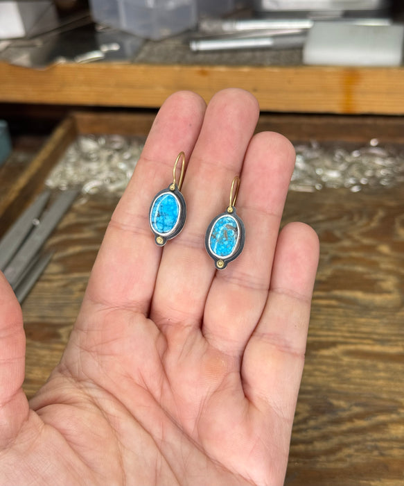 Kingman Turquoise Earrings with 18k Gold Accents - Sterling Silver