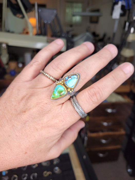 Sonora and Golden Hill turquoise ring in silver and gold