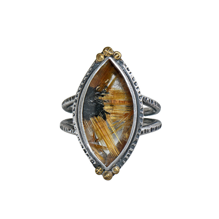 Golden Thread Ring - Rutilated Quartz Marquis - Size 10
