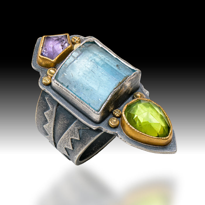 Three stone ring with aquamarine, spinel and peridot- sterling silver+22k gold