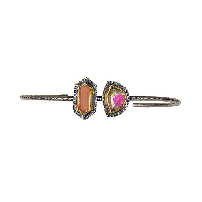 Peach Moonstone & Watermelon Tourmaline Cuff Bracelet with 22k Gold - sterling silver