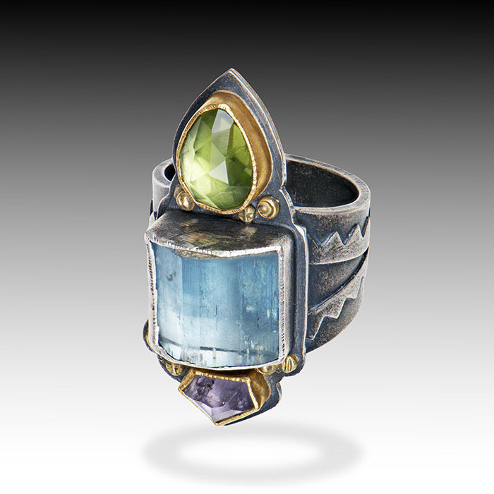 Three stone ring with aquamarine, spinel and peridot- sterling silver+22k gold
