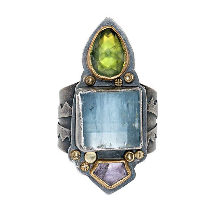 Three stone ring with aquamarine, spinel and peridot- sterling silver+22k gold