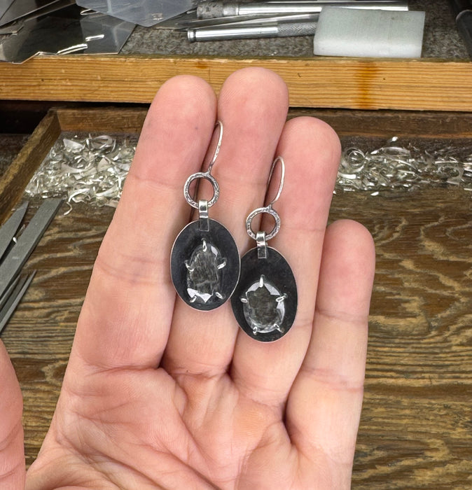 Rose-Cut Aquamarine Earrings in Oxidized Silver