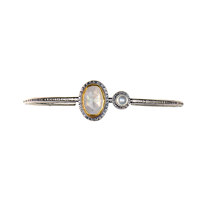 Pearl & Moonstone Cuff Bracelet with 22k Gold - sterling silver