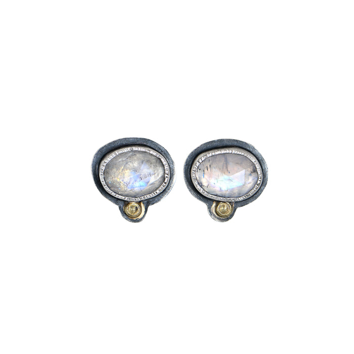 Sterling Silver Flashy Moonstone Oval Post Earrings with 18k Accents
