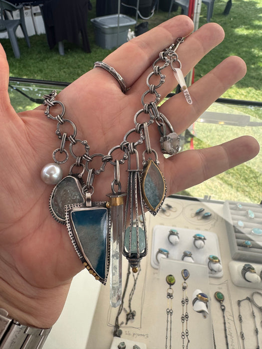 Rustic Luxe Fringe Necklace with Aquamarine, Geode & Gilalite