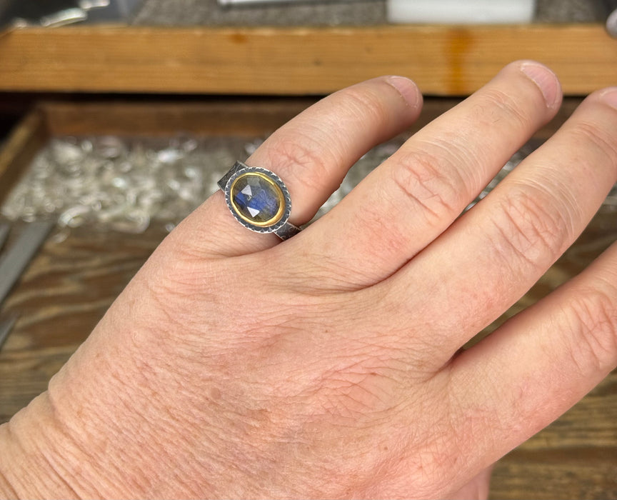 Labradorite Ring with 22k Gold Bezel - Sterling Silver - Size 6.5