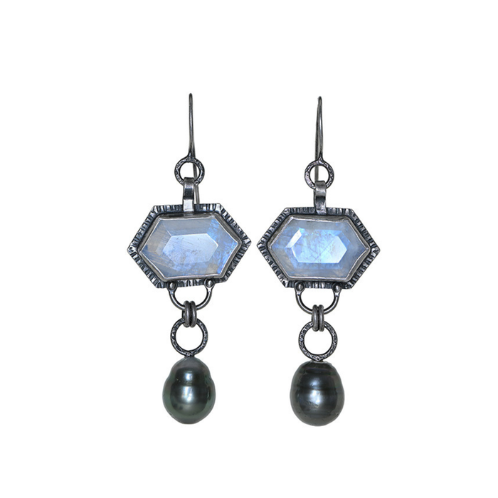 Moonstone & Tahitian Pearl Drop Earrings
