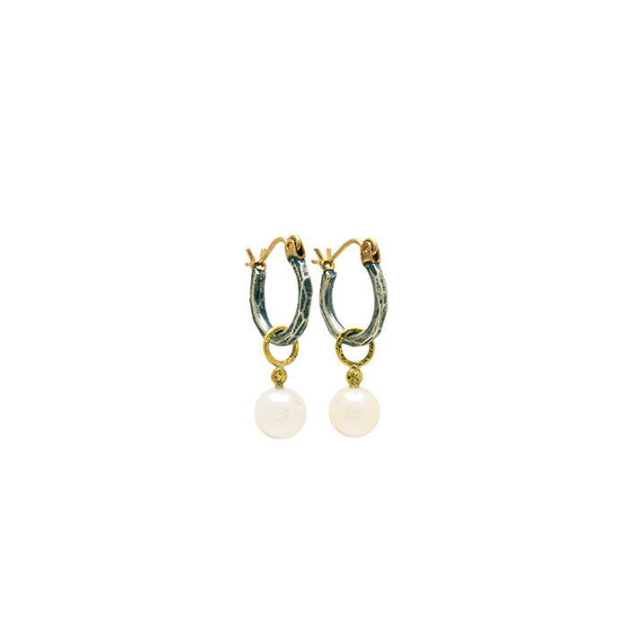 White pearl hoop earrings in silver and gold
