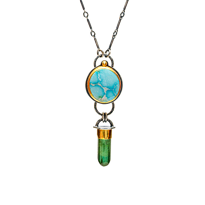 Sonora turquoise and tourmaline crystal necklace in silver and gold