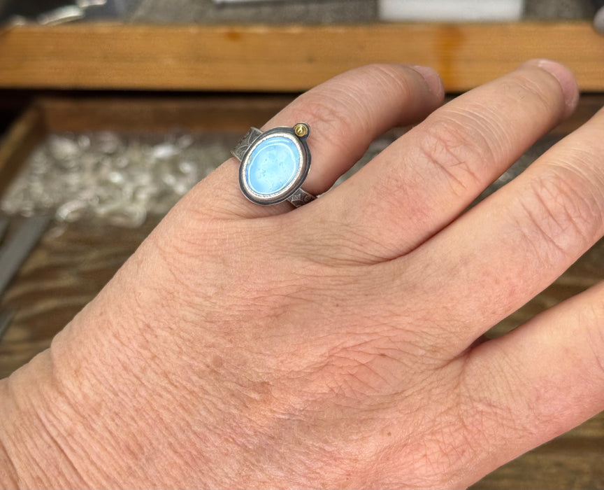 Golden Hill Turquoise Ring with Asymmetrical Band - Sterling + 18k Gold- Size 6.5