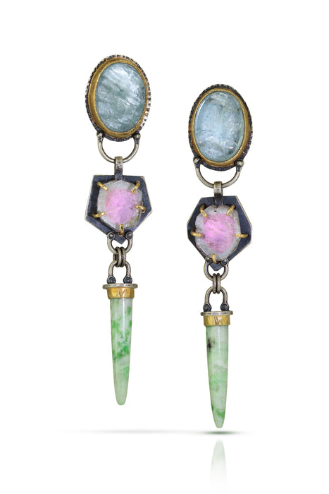 Aquamarine, Watermelon Tourmaline & Jade Talking Stone Earrings