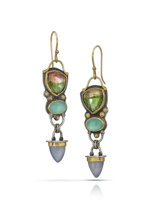 Watermelon Tourmaline, Peruvian Opal & Blue Opal Talking Stone Earrings
