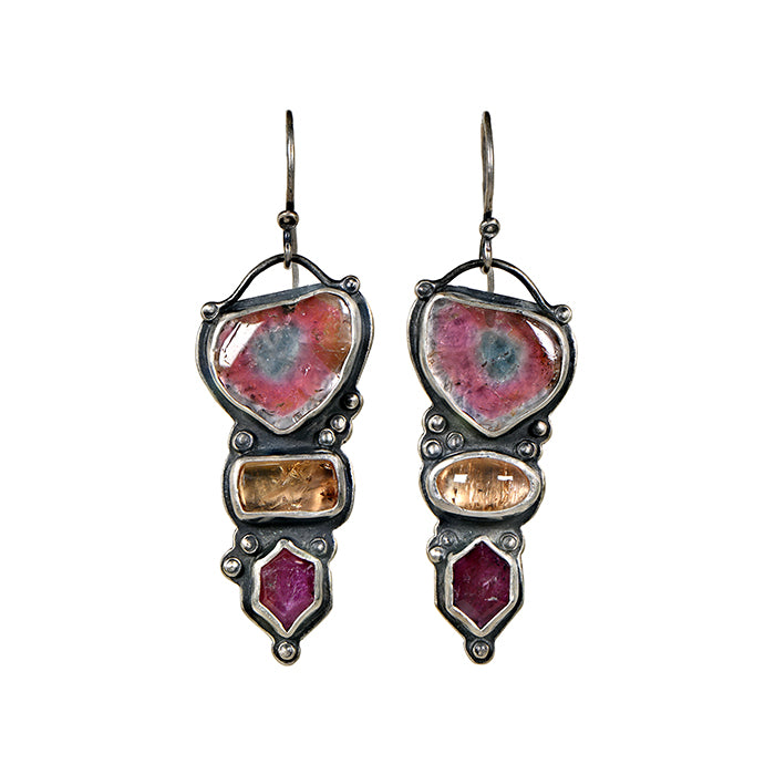 Watermelon Tourmaline, Imperial Topaz & Ruby Talking Stone Earrings