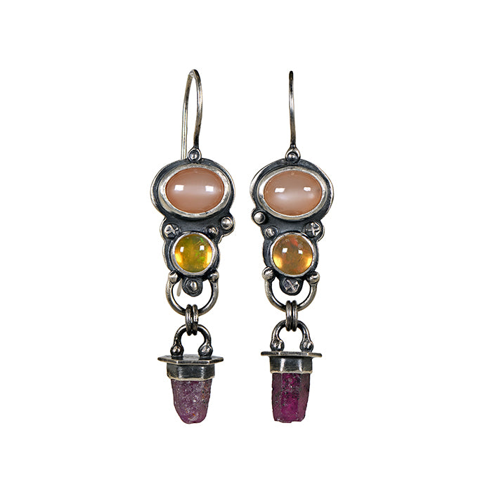Peach Moonstone, Ethiopian Opal & Ruby Talking Stone Earrings
