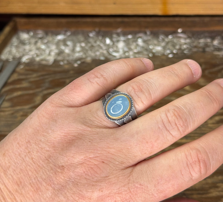 Silky Aquamarine Ring - Sterling Silver + 22k Gold Bezel - Size 8.5
