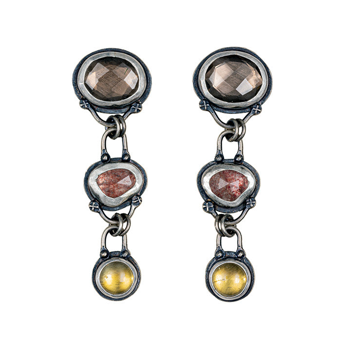 Smoky Quartz, Sunstone And Citrine 3 Stone Earrings