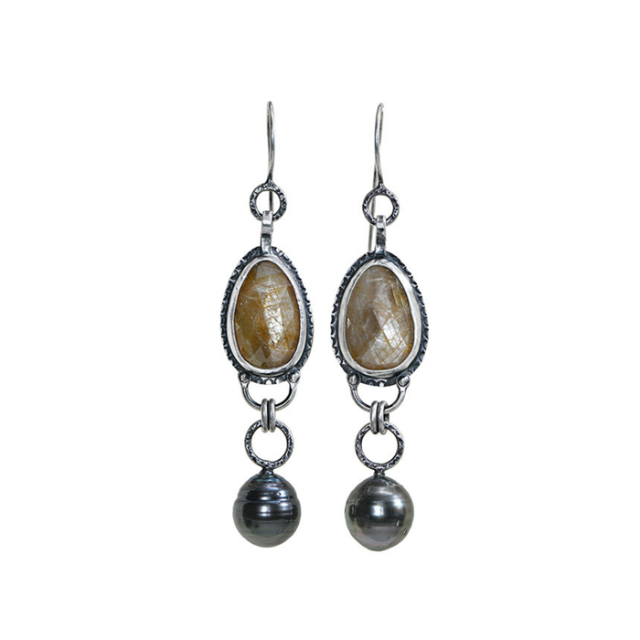 Caramel Sapphire & Tahitian Pearl Drop Earrings