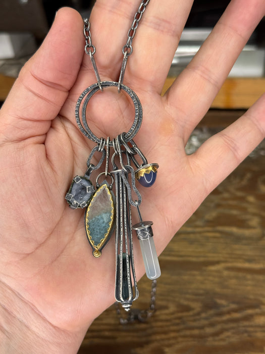 Gemstone Fringe Charm Necklace In Soft Blues - Sterling + 22k Gold