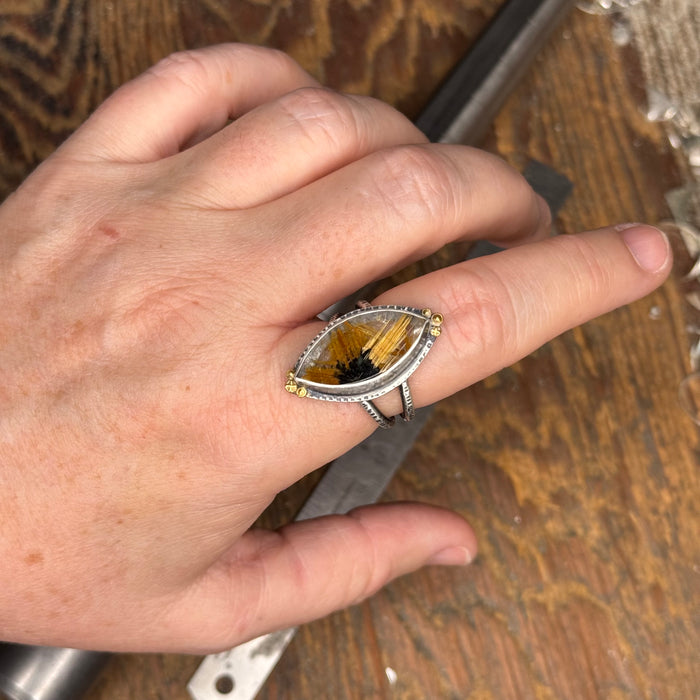 Golden Thread Ring - Rutilated Quartz Marquis - Size 9.5