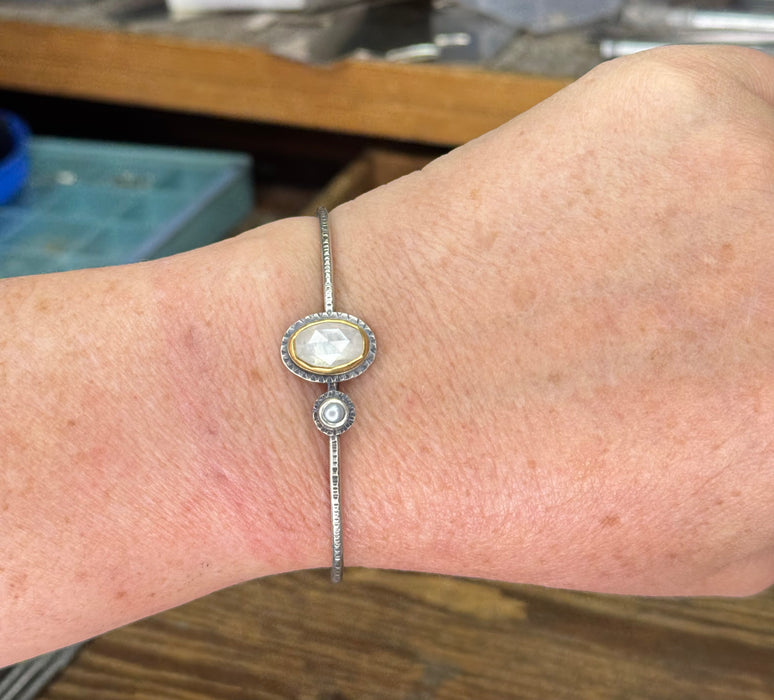 Pearl & Moonstone Cuff Bracelet with 22k Gold - sterling silver