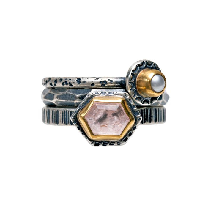 Morganite and Pearl Stacking Ring Set size 7