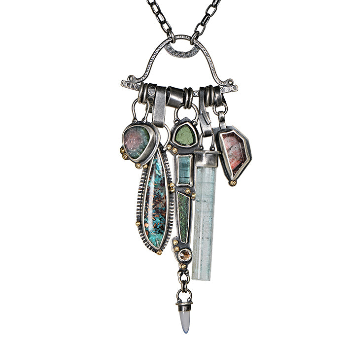 Watermelon Tourmaline, Chrysocolla & Aquamarine Fringe Statement Necklace