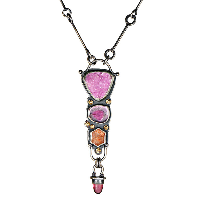 Cobalto Calcite, Tourmaline, Sunstone & Garnet Totem Necklace