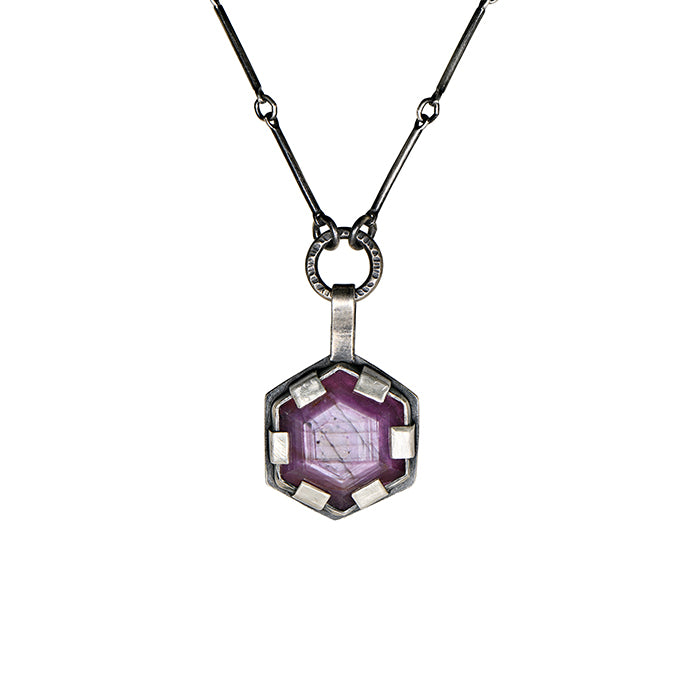 Hexagonal Ruby Medieval-Inspired Silver Necklace