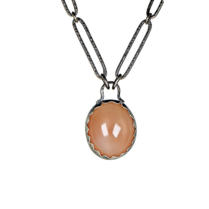 Peach Moonstone Serrated-Bezel Silver Necklace