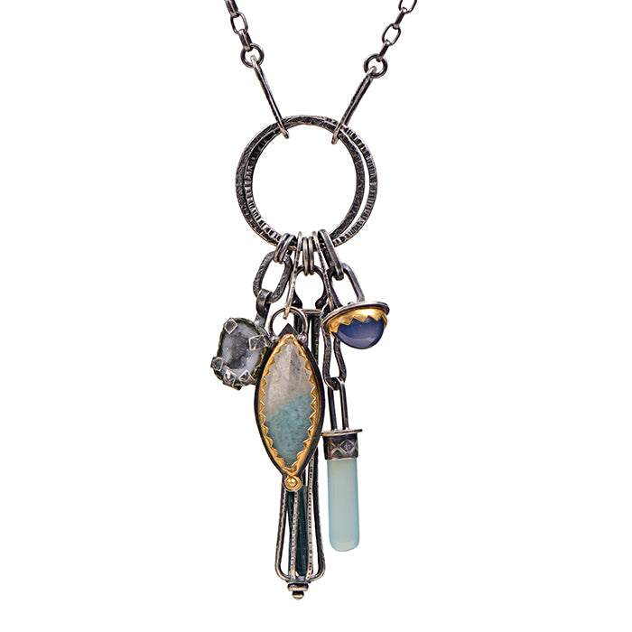 Gemstone Fringe Charm Necklace In Soft Blues - Sterling + 22k Gold