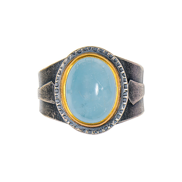 Silky Aquamarine Ring - Sterling Silver + 22k Gold Bezel - Size 8.5