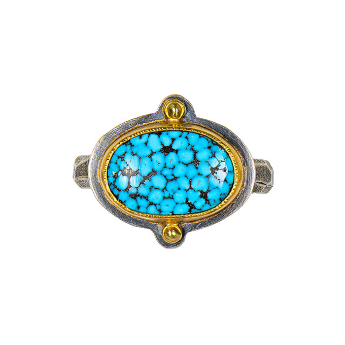 Kingman Turquoise Ring - Sterling +18k + 22k Gold - Size 7.5