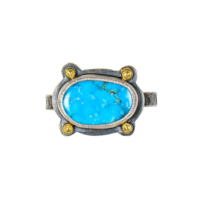 Kingman Turquoise Ring with Gold Dot Accents - Sterling + 18k Gold - Size 7.5
