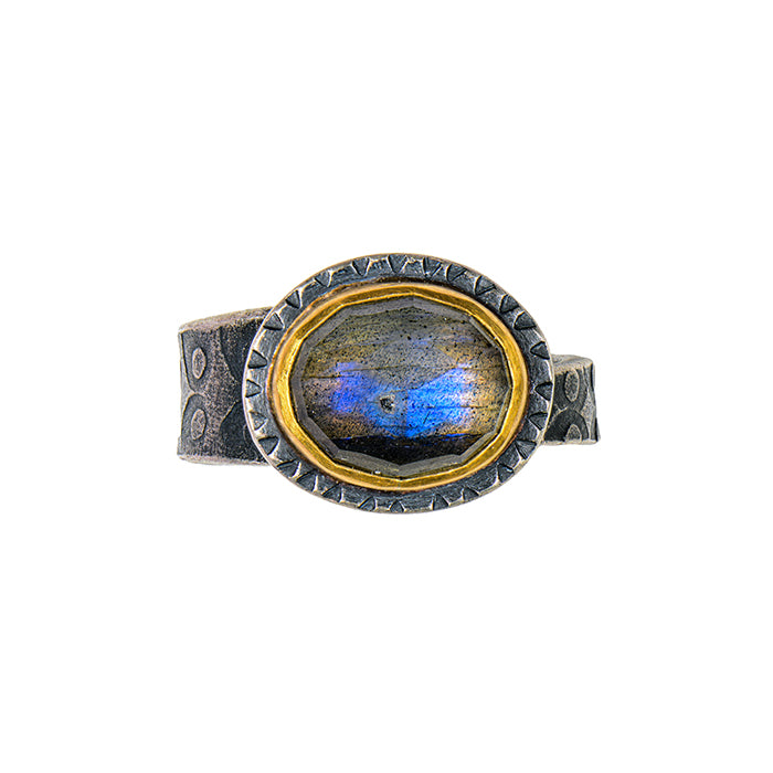 Labradorite Ring with 22k Gold Bezel - Sterling Silver - Size 6.5
