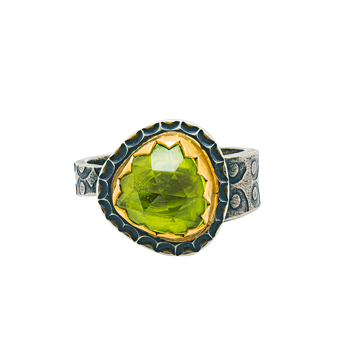 Rustic Rose Cut Peridot Ring - size 8