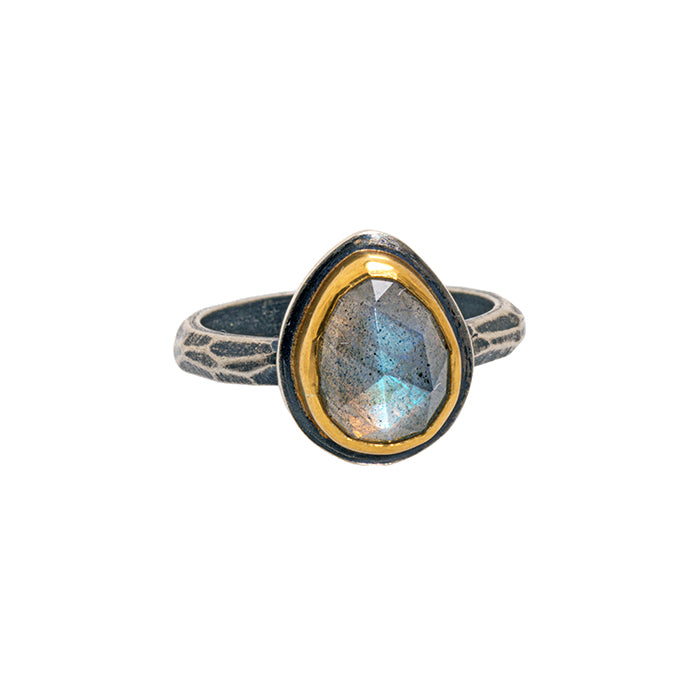 Rose cut labradorite ring in sterling and gold