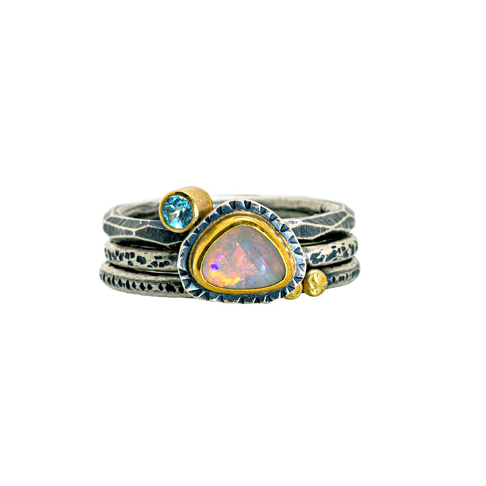 Coober Pedy Opal & Zircon Stacking rings (Set of 3) size 7
