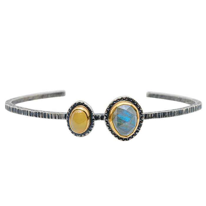 Yellow Opal and Labradorite Mixed Metal Cuff Bracelet
