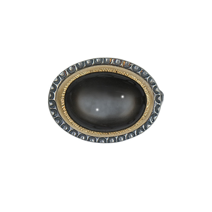 Black Moonstone Ring - Sterling Silver + 22k Gold - size 6.75